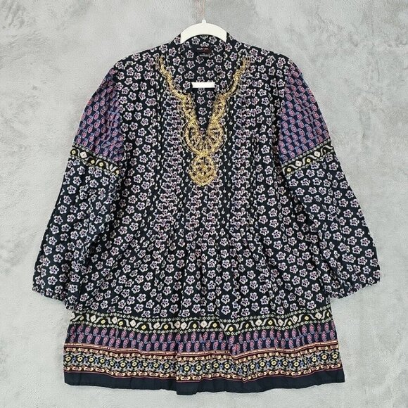 Cozy Co Denim And Pearl Embellished Button Up Top